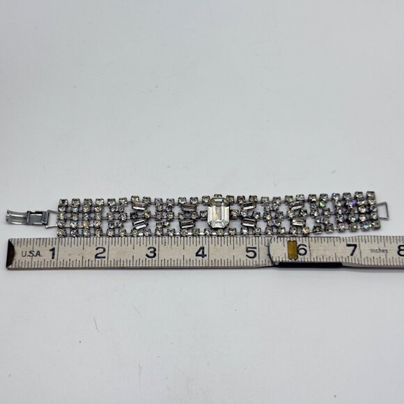 Vtg Clear Rhinestone Silver Tone Wide Bracelet Emerald Cut Center Stone Baguette - Picture 11 of 12